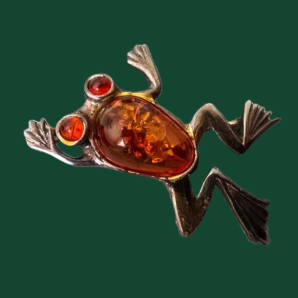 925 Vintage Silver and Amber Stone Frog Brooch - Picture 4 of 6